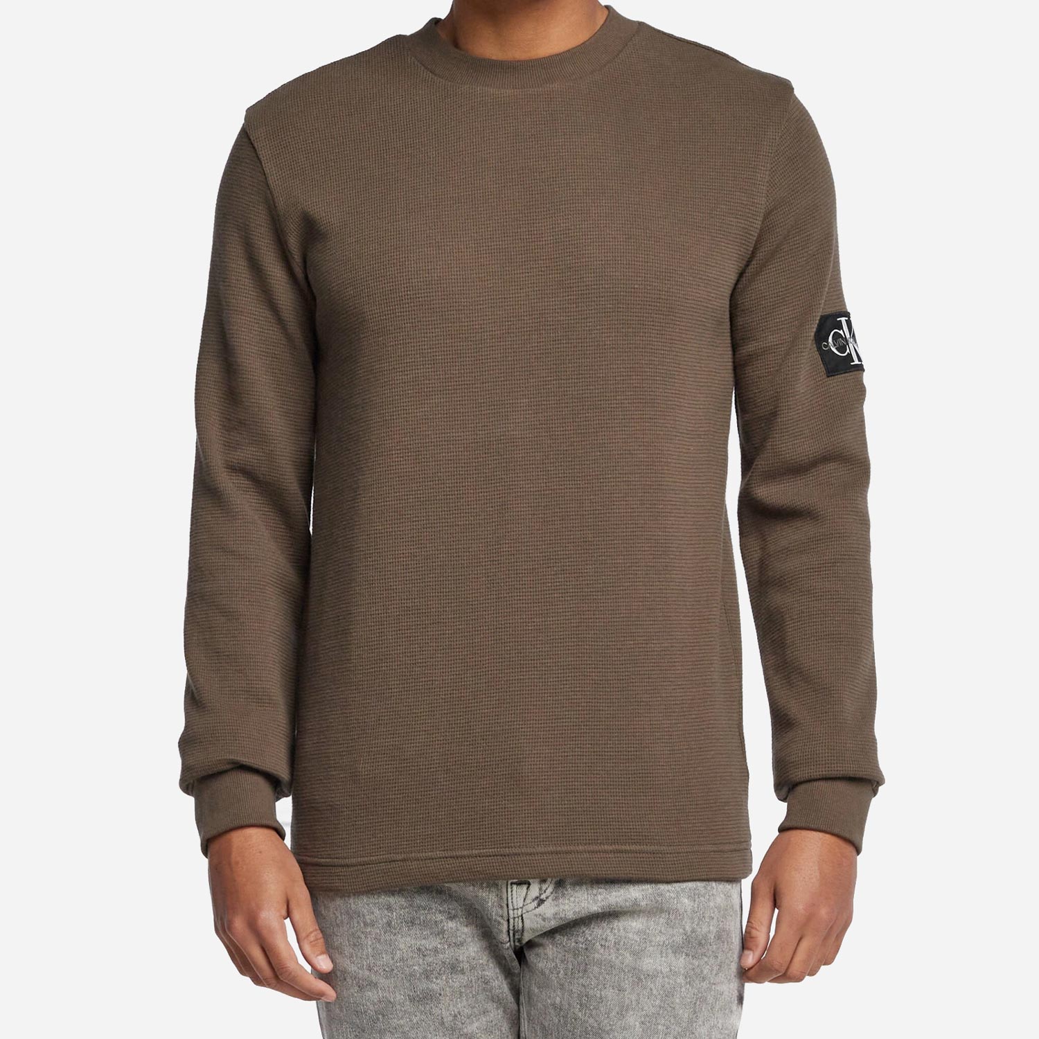 Calvin Klein Monologo Badge Waffle Long Sleeve Tee - Warm Toffee