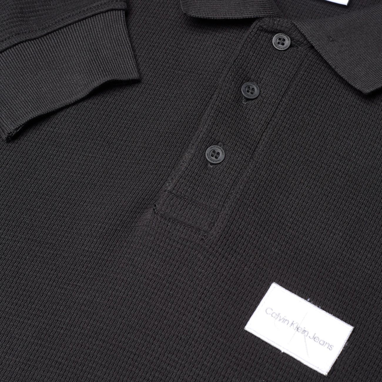 Calvin Klein Shrunken Badge Waffle Long Sleeve Polo - Black