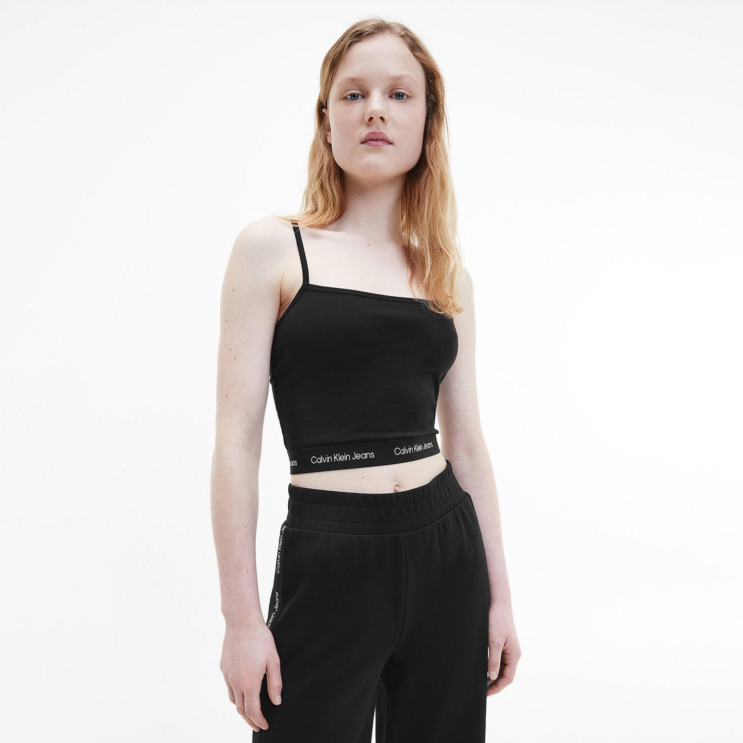 Calvin Klein Women's Cropped Logo Tape Strappy Top - Black