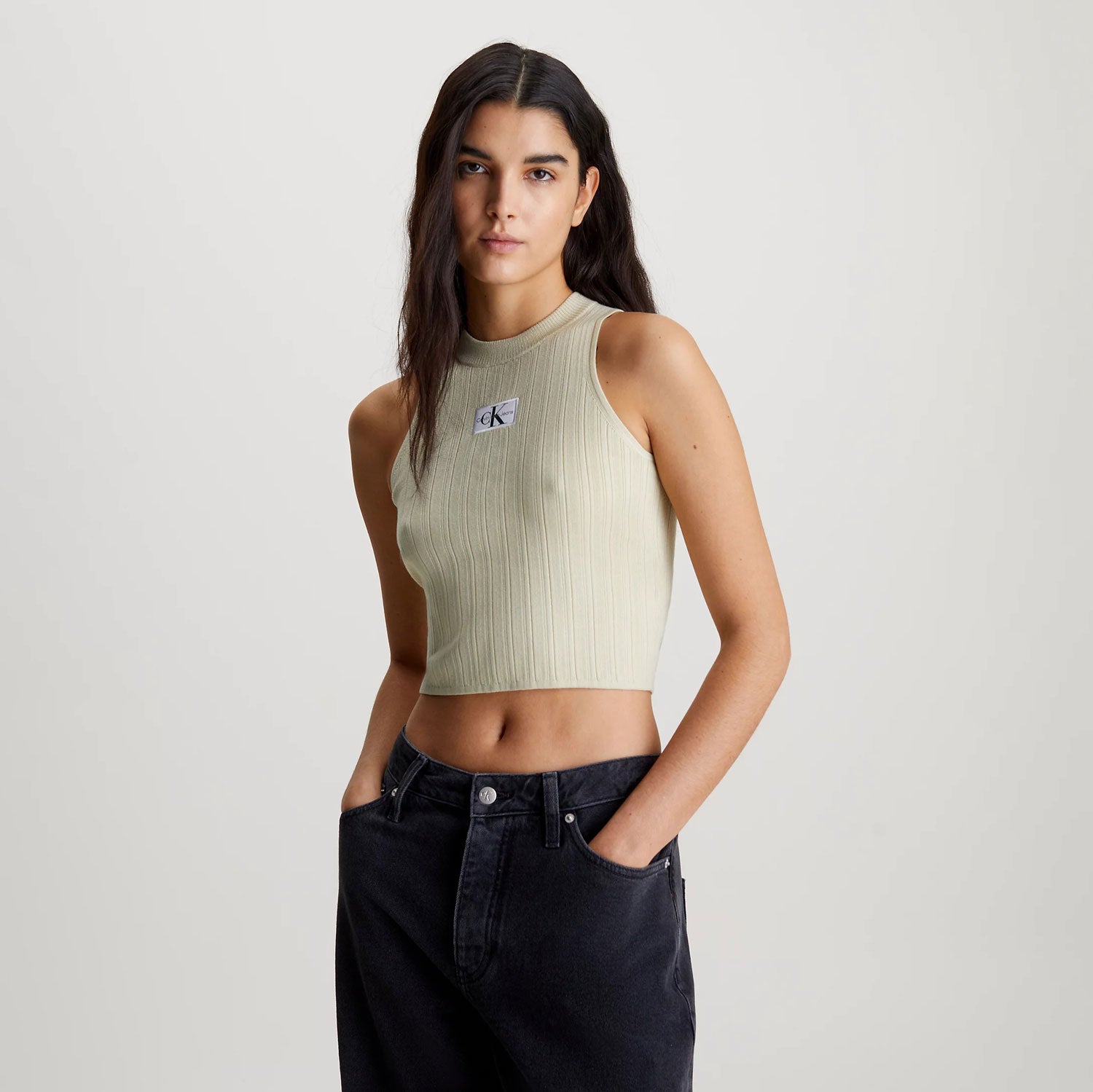 Calvin Klein Women's Woven Label Tank Slim Fit Sweater - Green Haze