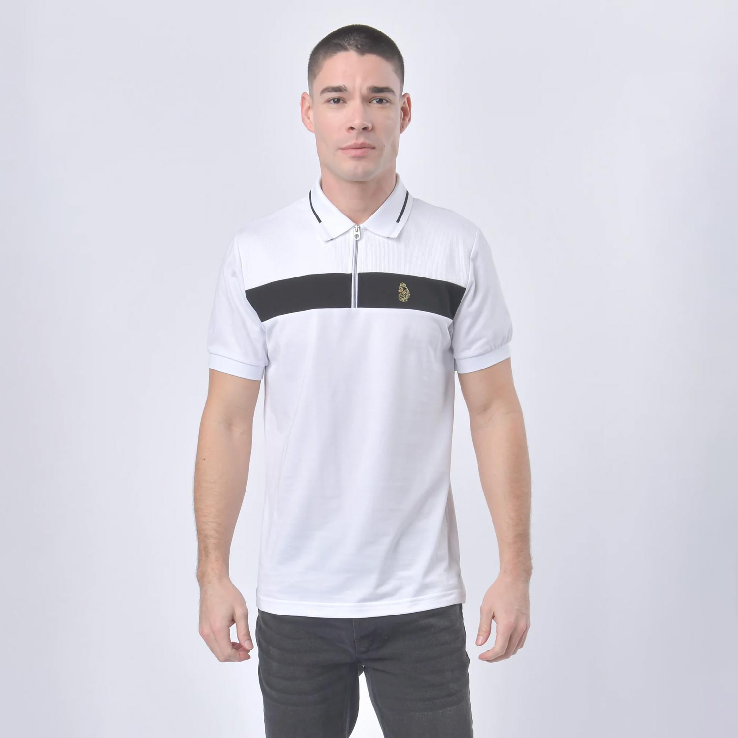 Luke Zip Lock Regular Fit Short Sleeve Polo - White/Jet Black